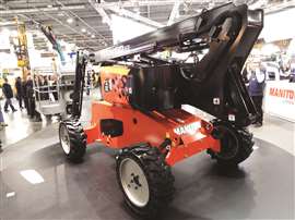 Manitou’s latest boom, launched at Intermat, is the 11.91m working height  Man’Go 12. It weighs 4.1 tonnes, while capacity is 230kg in the basket. 